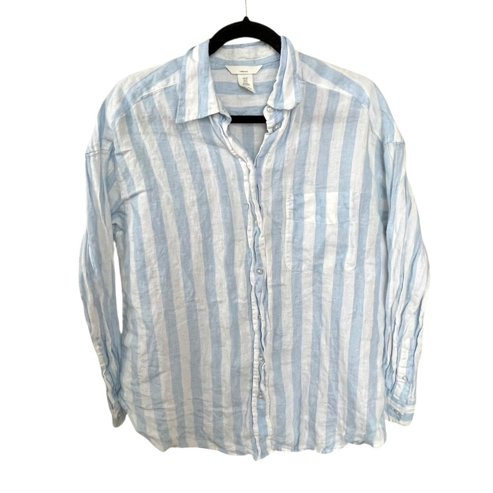 H&M Linen Striped Button Front Long Sleeve Blouse Blue White XS